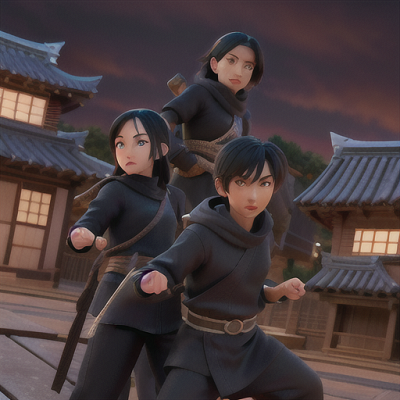 Image For Post Anime Art, Skillful ninja warrior, jet-black hair hidden under a hood, on the rooftops of a feudal Japanese village