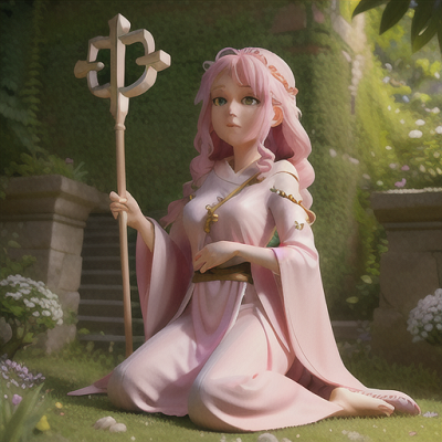Image For Post Anime Art, Battle-weary priestess, gentle pink hair draped over weary eyes, kneeling in a serene garden sanctuary