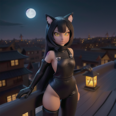Image For Post Anime Art, Cunning ninja cat girl, sleek black fur and piercing yellow eyes, on a moonlit rooftop
