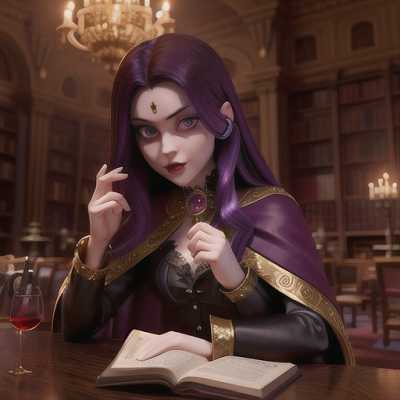 Image For Post Anime Art, Sophisticated vampire scholar, deep violet hair cascading over one eye, in an opulent gothic library