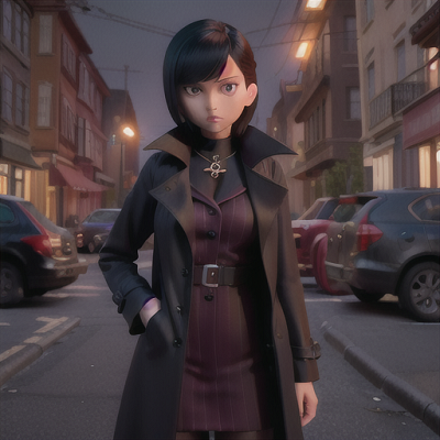 Image For Post Anime Art, Intuitive detective, sharp eyes and raven hair in a trench coat, examining a crime scene