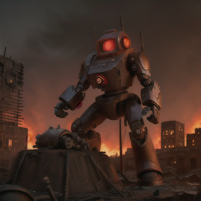 Image For Post Anime Art, Robotic protector, intricate mechanical design with ominous red lights, in a post-apocalyptic cityscape