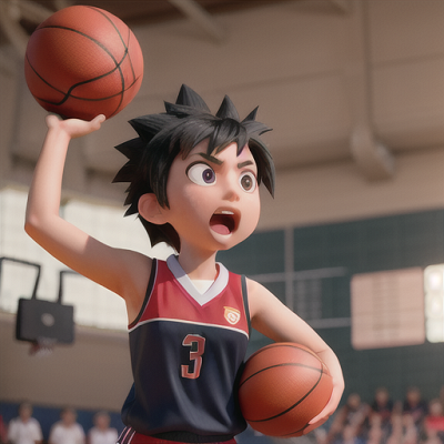 Image For Post Anime Art, Determined sports prodigy, spiky black hair and intense stare, on a basketball court during a championship g
