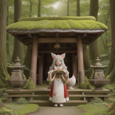 Image For Post Anime Art, Enchanting Kitsune spirit, silver hair with fox ears and nine tails, within a verdant forest