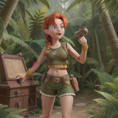 Image For Post Anime Art, Adventurous treasure hunter, vibrant orange hair in a messy braid, amidst ancient ruins deep in a jungle