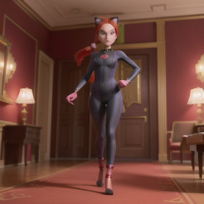 Image For Post Anime Art, Elusive cat burglar, vibrant red hair in a ponytail, sneaking through an opulent mansion