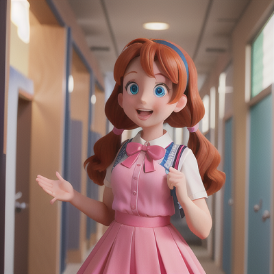 Image For Post Anime Art, Enthusiastic underclassman, auburn hair in pigtails and bright blue eyes, in a bustling corridor at the club