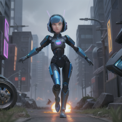 Image For Post | Anime, manga, Determined android heroine, metallic-blue bob hair and luminescent eyes, charging through an action-packed cyberpunk landscape, battling robotic adversaries, a swarm of drones overhead, high-tech body armor with intricate detailing, powerful and intense anime style, an atmosphere of defiance and courage - [AI Art, Anime Cityscape Scene ](https://hero.page/examples/anime-cityscape-scene-stable-diffusion-prompt-library)