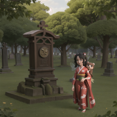 Image For Post Anime, fairy, geisha, bear, fish, haunted graveyard, HD, 4K, AI Generated Art