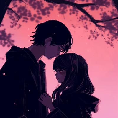 Image For Post | Characters embracing under cherry blossom tree, warm lighting and softly shaded. romantic matching pfp anime - [Matching PFP Anime Gallery](https://hero.page/pfp/matching-pfp-anime-gallery)