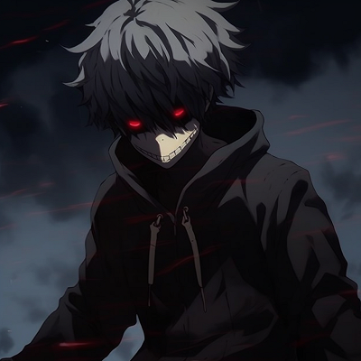 Image For Post | Close-up of Kaneki's mask, edgy grayscale palette with red eye as the focal point. trending grunge anime pfp - [Grunge Anime PFP](https://hero.page/pfp/grunge-anime-pfp)