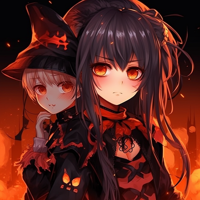 Image For Post | Focused on two anime characters with Halloween inspired outfits, hints of gothic anime style. halloween anime pfp pairing - [Halloween Anime PFP Collection](https://hero.page/pfp/halloween-anime-pfp-collection)