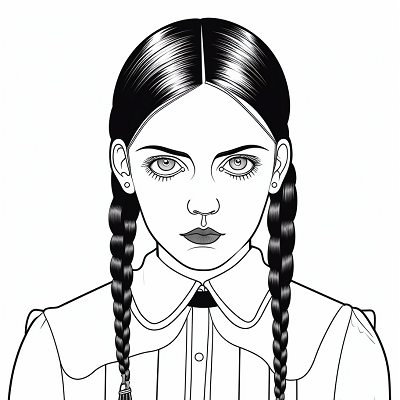 Image For Post | Hand-drawn portrait of Wednesday Addams with detailed facial expressions; short hair with two braids. printable coloring page, black and white, free download - [Wednesday Addams Coloring Pages ](https://hero.page/coloring/wednesday-addams-coloring-pages-kids-and-adult-relaxation)