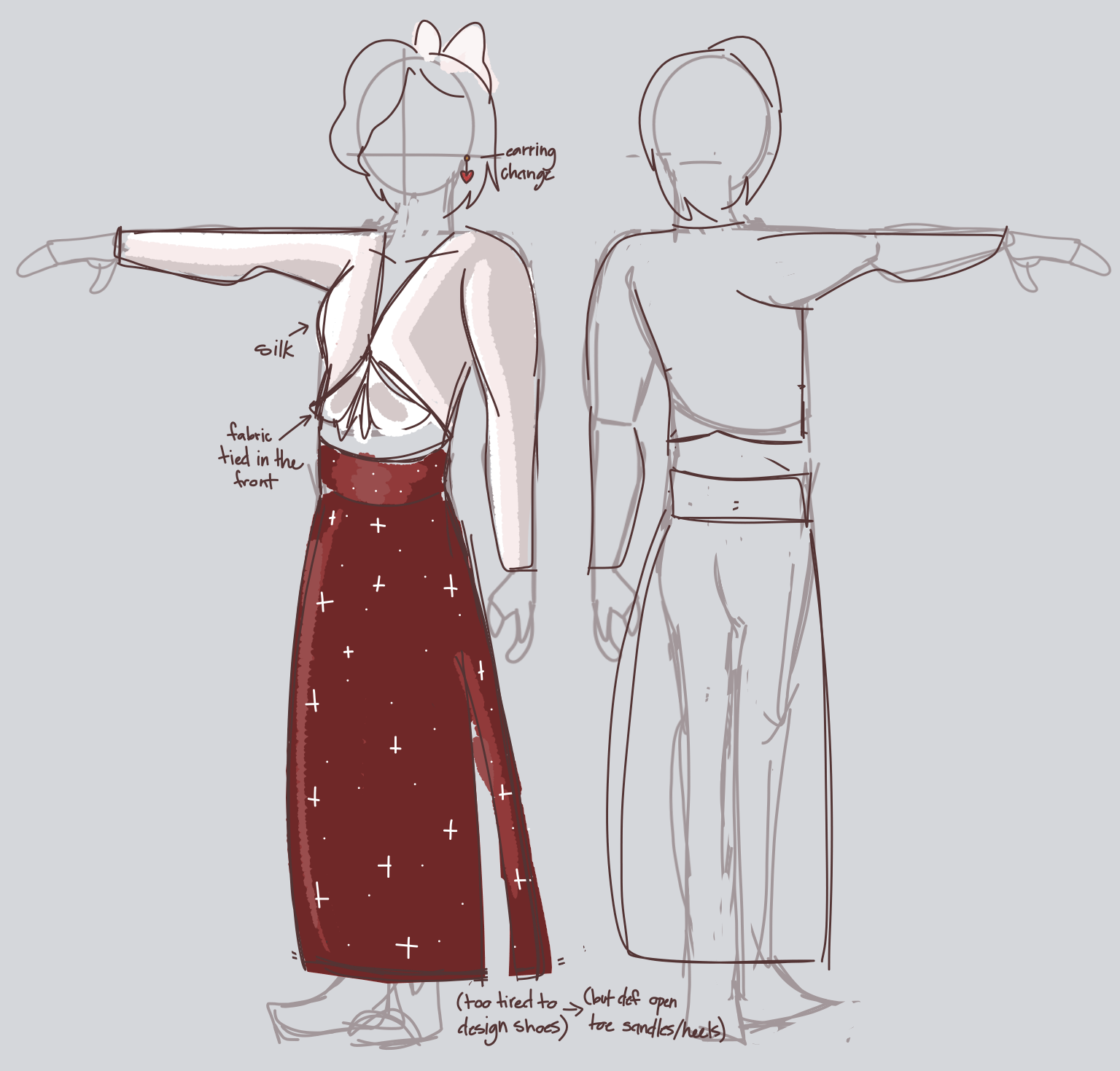 Mayo's outfit concept for Lea. She's wearing a white silk longsleeved front tied shirt, a white bow, red hanging heart earrings, and a long red sparkling skirt. There's text at the bottom stating that she was too tired to design the shoes, but def open design shoes like toe sandles/heels.