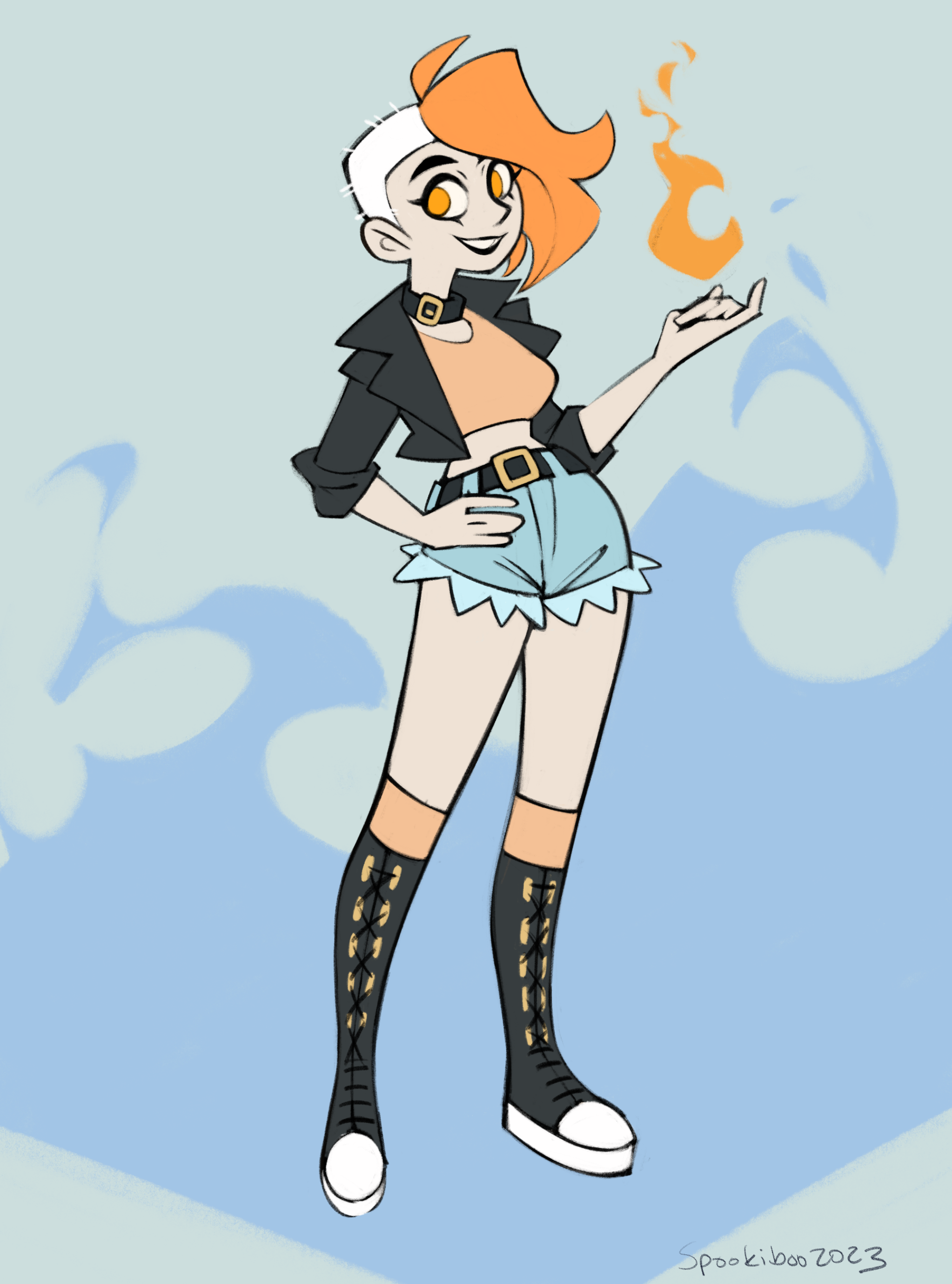 Artwork of Ember with a flame above her left hand. Ember is wearing a black leather jacket and a chocker.