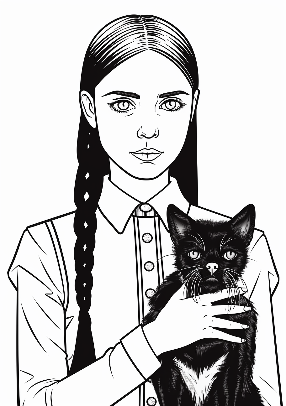 Image For Post | An image of Wednesday Addams reading a book; moderate details. printable coloring page, black and white, free download - [Wednesday Addams Coloring Book Pages ](https://hero.page/coloring/wednesday-addams-coloring-book-pages-fun-coloring-for-all-ages)