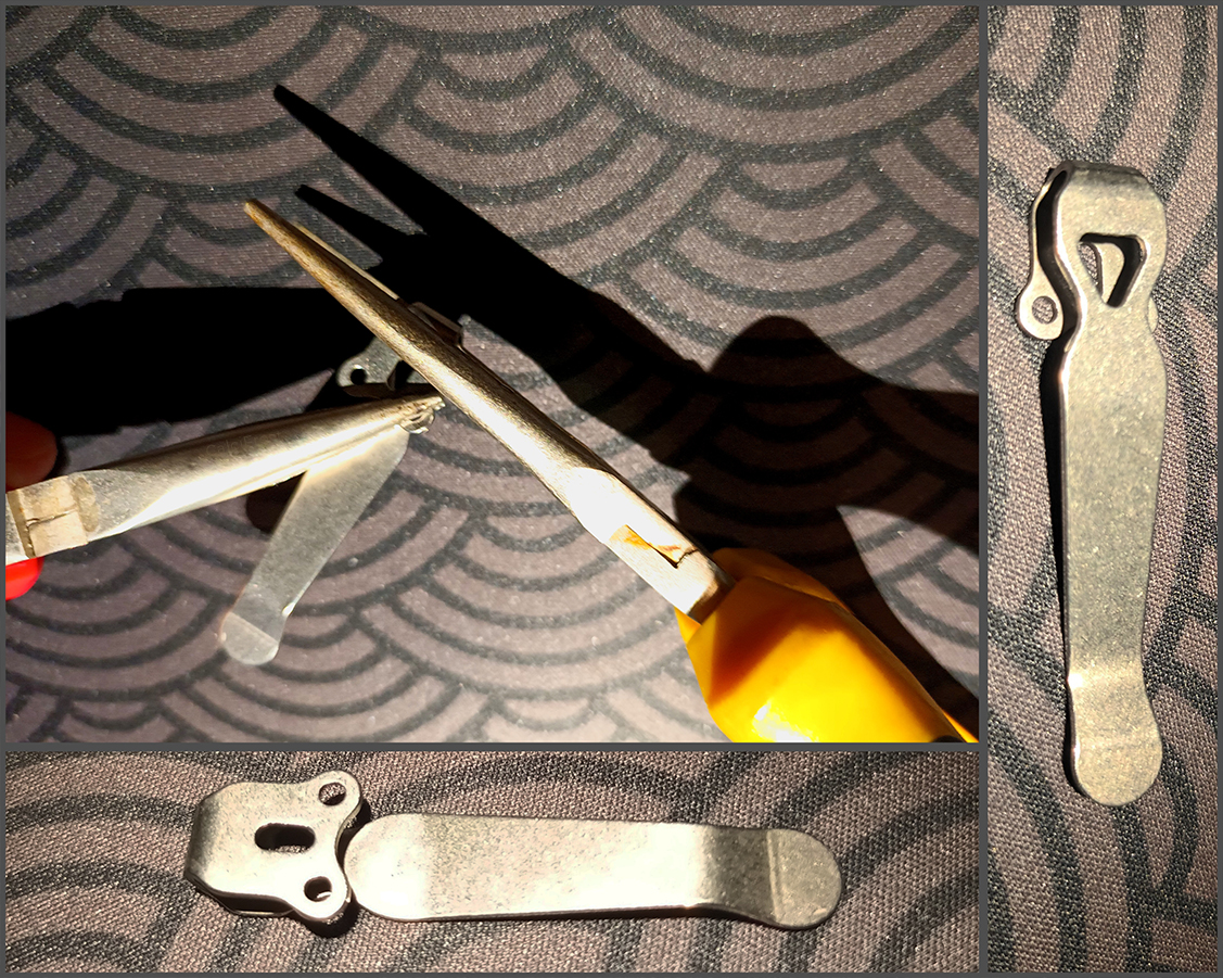 Image For Post | The "titanium" knife clip I got from China. Seemed light and stiff. 


Pliers pic shows the POV of the pliers position when I was bending the hole part to the curve of the S21A.
Left pliers rolls to the left, in this case.