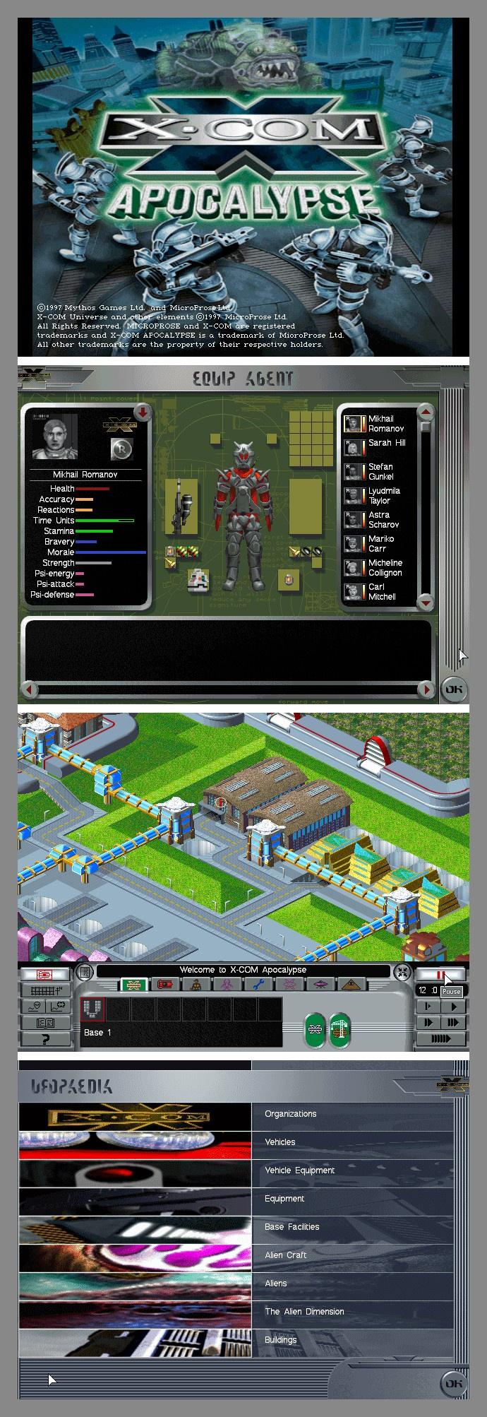 Image For Post | **Development**
The X-Com: Apocalypse design went through a number of significant changes before release, including the controversial introduction of real-time action in tactical combat. Pre-release concerns about this change ultimately led to a compromise: the option to choose between turn-based and real-time combat.

A lot more things besides that were planned to be in the game, but were never finished due to lack of time and problems implementing it. This includes multiplayer support (for up to 8 players with hotseat, play by email or lan), a large number of skills for the agents (driving, flying, perceptive ability and sanity among others), a scenario generator to quickly start a tactical missions with as many sides as you'd want (and you could control anyone, from any organization to the aliens themselves), multiple random generated alien dimensions, among other things.

Actually, some of these things was programmed and were in a somewhat working state in the beta stage, but they were removed for the retail release.

**XCOM agents**
Originally the plan was for all the XCOM agents to have ability in research and engineering as well as combat skills, and you must hire the best agents. That feature unfortunately did not survive the game, and the game ended up with separate engineers and researchers apart from the XCOM agents, but if you look closely, they use the same agent recruitment interface.

**Open-source remake**
In 2014 a group of developers formed to remake the game from scratch in C++, under the OpenApoc title. By 2018 the remake had reached an Alpha release state with the entire game playable from start to end and a growing community of developers and players.

**Alternate Titles**
"幽浮：啟示錄" -- Traditional Chinese spelling
"APOC" -- Informal name