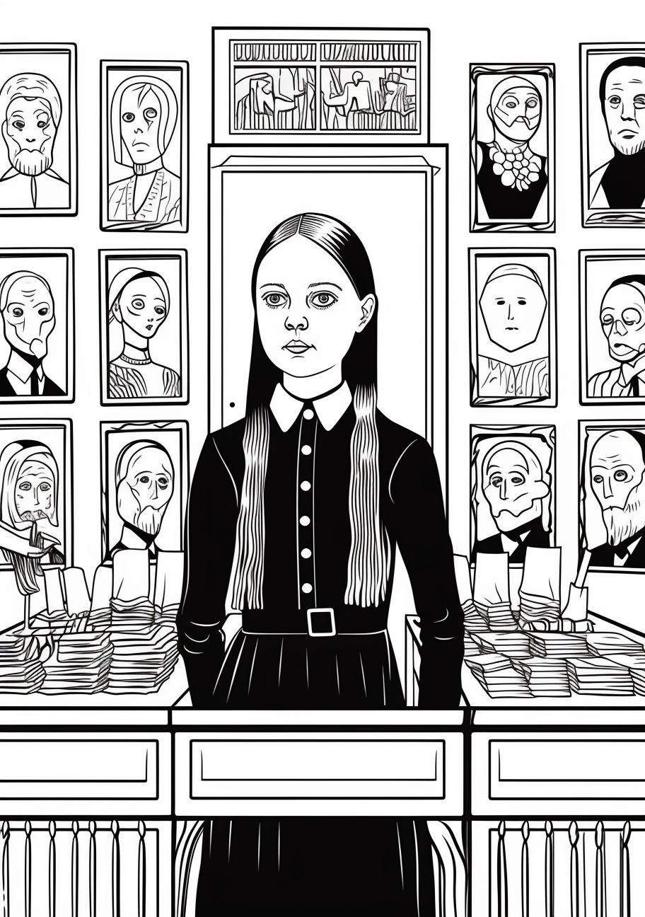 Image For Post | Wednesday Addams wandering in a gallery of ancestor portraits; complex frame designs. printable coloring page, black and white, free download - [Wednesday Addams Coloring Pictures Pages ](https://hero.page/coloring/wednesday-addams-coloring-pictures-pages-fun-and-creative)