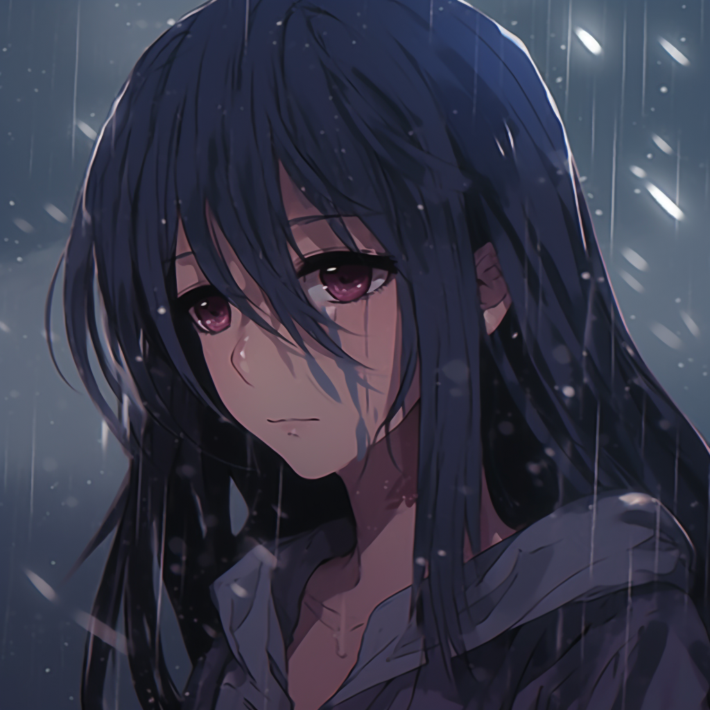 Anime Girl With Dark Hair Under The Rain Background, Depression