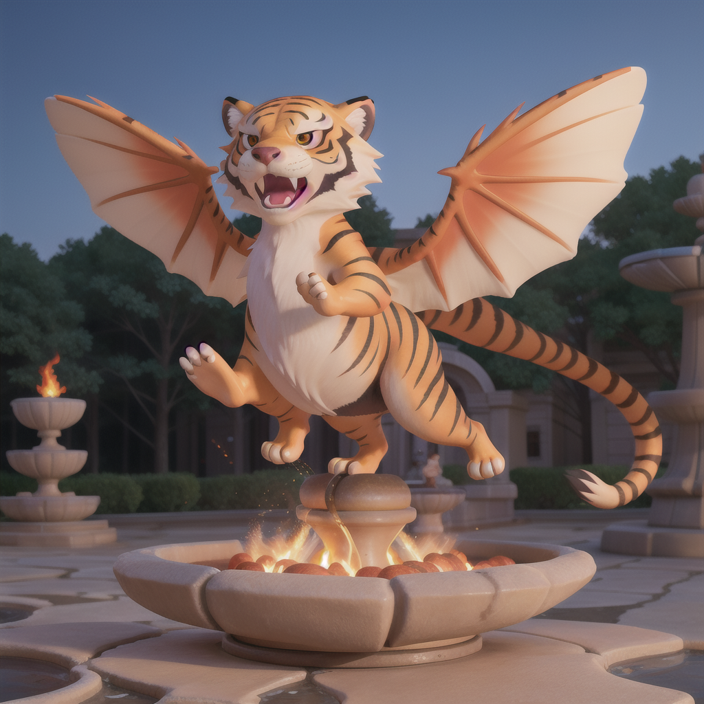 Anime, fire, flying, bakery, sabertooth tiger, fountain, HD, 4K