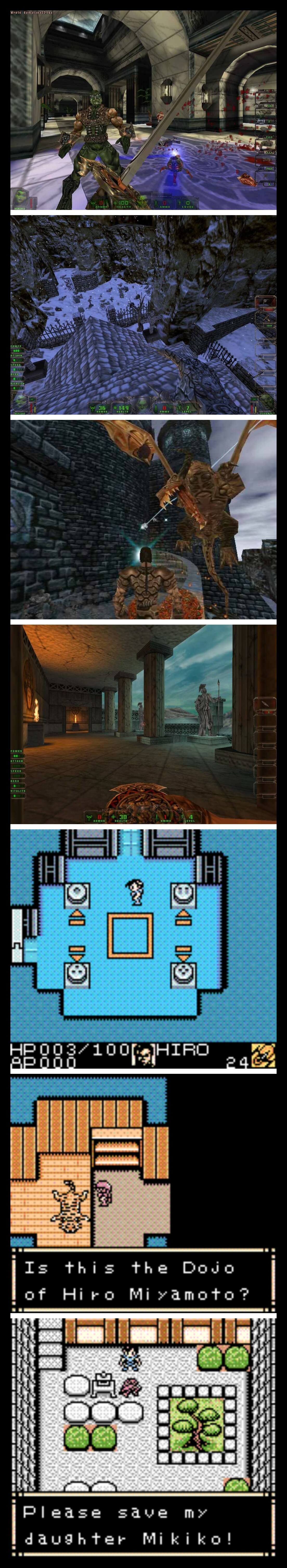 Image For Post | **Development**  
Daikatana was in development for 3 years, exactly. The reason for the long development cycle was the switch to the Quake II engine. Romero decided to switch because of its colored lighting, among other graphical goodies, but when he finally received the source code, it was nothing like he pictured. Overall the story of the game's development and Ion Storm in general is as epic and profound as anything in the game. 

The game was built using the original Quake game engine; according to an early interview, Romero planned Daikatana to have unique weapon sets and 16 monsters per time period. The core concept was to do something different with shooter mechanics several times within the same game.[6] Romero created the basic storyline, and named its protagonist Hiro Miyamoto in honour of Japanese game designer Shigeru Miyamoto. The title is written in Japanese kanji, translating roughly to "big sword". The name comes from an item in a Dungeons &amp;amp; Dragons campaign played by the original members of id Software, which Romero co-founded.

During this early period, the team consisted of fifteen people. The music was composed by a team which included Will Loconto. However, during its earlier production, the team saw the Quake II engine and decided to incorporate its code. This resulted in many delays when finalising the engine. The problems with programming the new engine contributed to the game being delayed from its projected 1998 release date.[5] Romero stated prior to release that he would have chosen the Quake II engine to develop the game from the start if given the chance.

Romero later ascribed some problems triggered in using the technology as being due to the rivalry manufactured by the company's marketing between them and id Software. Due to the delays, development of the game ran parallel to Anachronox, Dominion: Storm Over Gift 3, and eventually Deus Ex.

Something that further impacted production was the departure of around twenty staff members from the team, who either left Ion Storm or transferred to the Austin studio. In 1998, lead artist Bryan Pritchard left the company and was replaced by Eric Smith. According to staff member Chrstian Divine, the growing negative press surrounding the company had a further detrimental effect on development. Some of the backlash eventually led to his own departure for Ion Storm's Austin studio to work on Deus Ex.

The most notorious incident was the public resignation of nine core team members at once, something Romero understood given the low team morale but felt it as a betrayal of trust. The departures led to the hiring of Stevie Case as level designer and Chris Perna to polish and add to character models. In a 1999 interview, Romero attributed the slowing of development during that period to the staff departures, but said that most of the level design and the entire score had been completed before that. Problems reached the point that Eidos publishing director John Kavanagh was sent down to sort out problems surrounding it production.

In a later interview, Romero admitted there were many faults with the game at release, blaming the development culture and management clashes at Ion Storm, in addition to staff departures causing much of the work to be scrapped and begun over again. Divine attributed the problems to a combination of overly carefree atmosphere, and corporate struggles about company ownership interfering with game production. Only two staff members remained on the game for the entirety of its production.