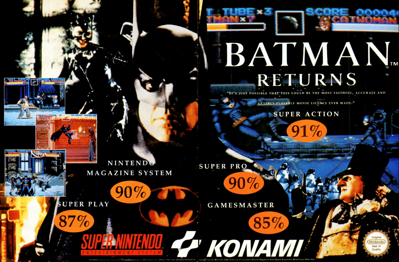 Image For Post | **Description**  
The successful movie sequel Batman Returns spawned many different game adaptations. The SNES version presents the story of Batman's encounter with the Penguin and Catwoman as a side-scrolling beat'em'up, with one Batmobile driving sequence thrown in.

There are two varieties of the beat'em'up levels. One plays like Final Fight [https://imgur.com/a/fubsjUy] and similar games: Batman can move in two dimensions, beating up his enemies with various punches, kicks, combos and special moves. Special gadgets to be used include the famous Batarang to take out enemies from a distance and "Test Tubes" filled with chemical explosives which will damage all enemies on the screen.

In the second type of side-scrolling level, Batman can only move in one dimension, left or right. The Batarang is the standard weapon here, with punches only being used when the enemy gets close. Also in these levels, Batman can use a grappling hook to cross dangerous areas unharmed.

Enemies in the beat'em'up levels usually belong to the Penguin's Red Triangle Circus Gang - clowns in all varieties: thin clowns, fat clowns, clowns on bikes, clowns armed with bazookas, and more. At the end of each level there is a boss fight, including several encounters with Catwoman and the Penguin.

In the Batmobile driving level, the action is viewed from behind. Batman has to evade clowns on bikes and shoot them down when he gets the chance. At the end of the road, another boss fight awaits.

Digitized images from the film illustrate the storyline. 

**NES version**  
The NES version of the game is also a beat 'em up game, but closer in style and gameplay to the Double Dragon series. The player only has one life bar (which can be expanded through health packs). It implements a password-save system. Of special note are the two side-scrolling racing levels in which the player controls the Batmobile and the Batskiboat. The music was composed by Shigemasa Matsuo and Takashi Tateishi.

**Sega 16-bit versions**  
The Sega Genesis/Mega Drive and Sega CD versions of the game are more or less identical, as they are both two-dimensional platforming games similar in design to Sega's previous movie-based Batman game. The Genesis version of the game was released on December 29, 1992, during the same time Ecco the Dolphin was released for the Sega Megadrive as well. The CD version of the game features a number of 3D racing levels that took advantage of the graphics hardware provided by the Mega-CD unit, plus improved music in the form of CD audio with a number of animations featuring original artwork (not film photos). While different versions follow the movie's plot from start to finish, the Sega versions start after The Penguin kills the Ice Princess and puts the blame on Batman for killing her, as shown in the game's introductions. 

**Sega 8-bit versions**  
The Sega Master System and Sega Game Gear versions of the game are side-scrolling platform games. However, the titles were created independently of the 16-bit versions. This version featured a unique branched level system, allowing players to choose from an easy and difficult route. The latter typically forced players to use rope swinging to navigate over large floorless areas in these versions of levels. 

**Atari Lynx version**  
The Atari Lynx version is a 2D side-scroller consisting of four levels. The first level you face the Circus Gang with Penguin as the end level boss. The second level you face the police on the roof tops with Catwoman as the end level boss. The third level you have to defeat Penguin's forces in the sewer, while the four level is titled "Arctic World" where you face Penguin for the final time. The game was developed in-house by Atari-Eypx produced by John Skruch with the main programmers being Jerome Starch and Eric Ginner.[1] There was an Atari Lynx II release which came with Batman Returns.

**DOS version**  
The DOS version of the game, published by Konami, differs considerably from the other versions, in that it was not primarily an action game, rather an adventure game. 

**Amiga version**  
The Amiga version of the game was a subject of considerable controversy. Gametek had, prior to the game's release, sent a number of screenshots derived from the PC title to market the game. As such, a number of computer magazines previewed the game as a direct conversion of the PC adventure. The reality, however, was very different. The game was, contrary to expectations, not a conversion of the PC title, but a side-scrolling platform game akin to the console games. It was plagued with bugs, including very inaccurate collision detection. 

**Music - SNES**  
This was the only Batman Returns game to make full use of Danny Elfman's film score. All other versions of the game use music created specifically for the game. 

**Endings - SNES**  
Depending how well and on which difficulty the game is played, players can get multiple endings for completing the title. Playing on the hardest difficulty is the only way to get the longest and full ending. 

**Alternate Titles**  
    "バットマンリターンズ" -- [SNES/Super Famicom] Japanese spelling