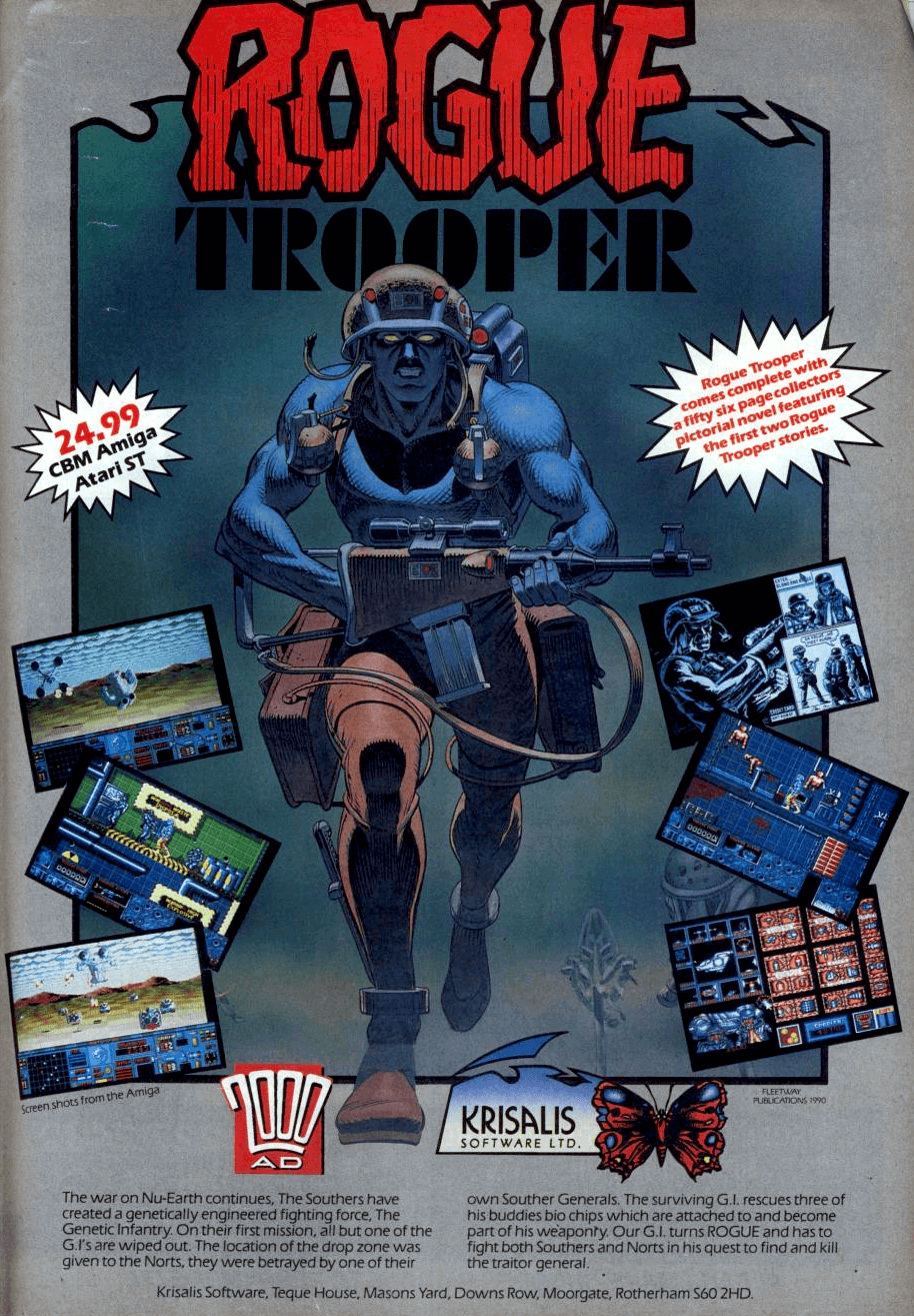 Image For Post | **Description**  
Rogue Trooper is a Genetic Infantryman (G.I.) of the future whose entire battalion was wiped out on their first mission in the Quartz Zone of Nu Earth. Rogue must navigate many platform levels and several first person style flying levels to get to the root of the treachery. He is assisted by three bio chips containing the personalities of three of his dead buddies; Gunnar, Helm and Bagman - unfortunately, Bagman's silicon is deteriorating. The plot is helped along with comic pages between levels. This game is based on the long-running 2000 AD comic character of the same name.