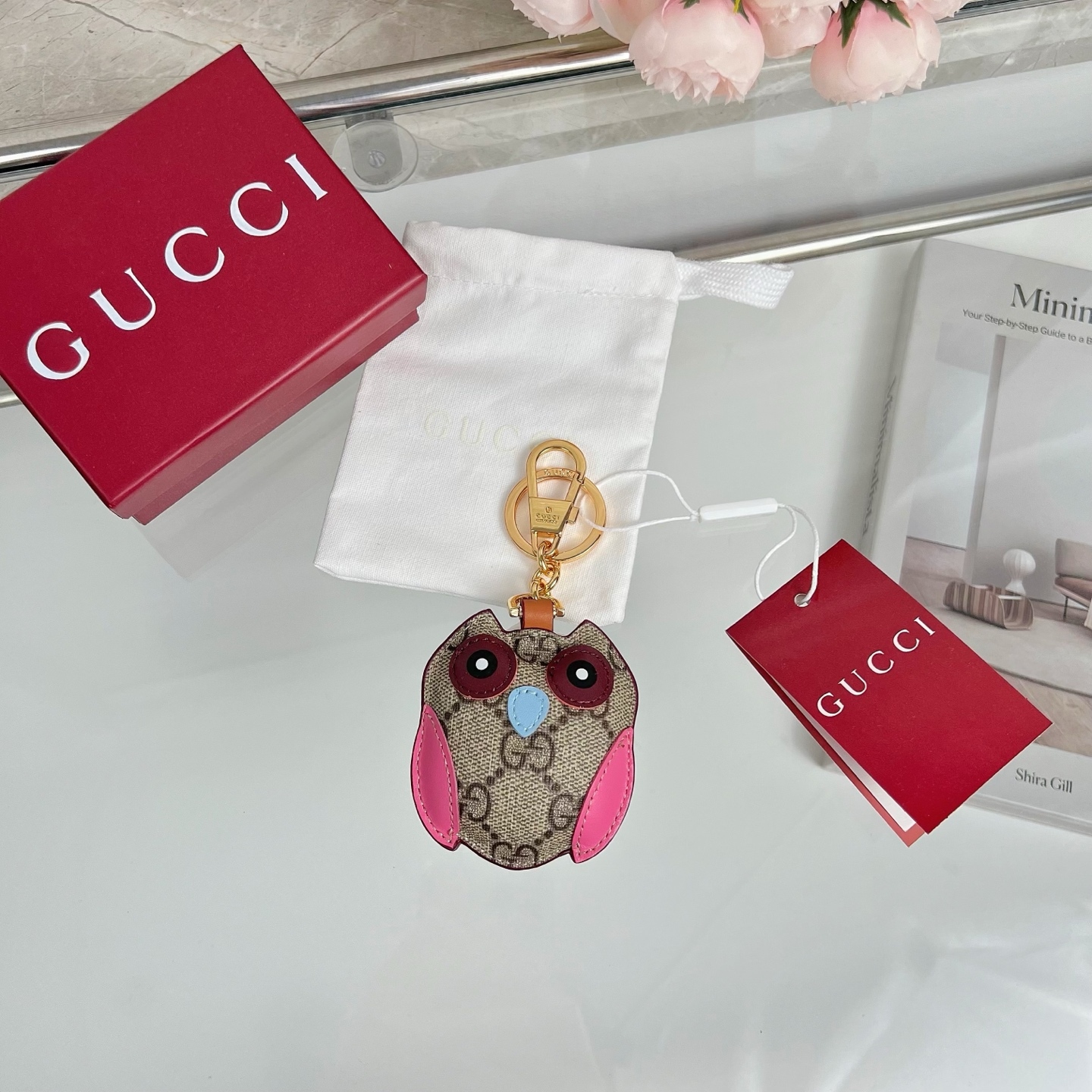 OWL-SHAPED BAG CHARM BEIGE AND DARK BROWN NEW GG MONOGRAM CANVAS
