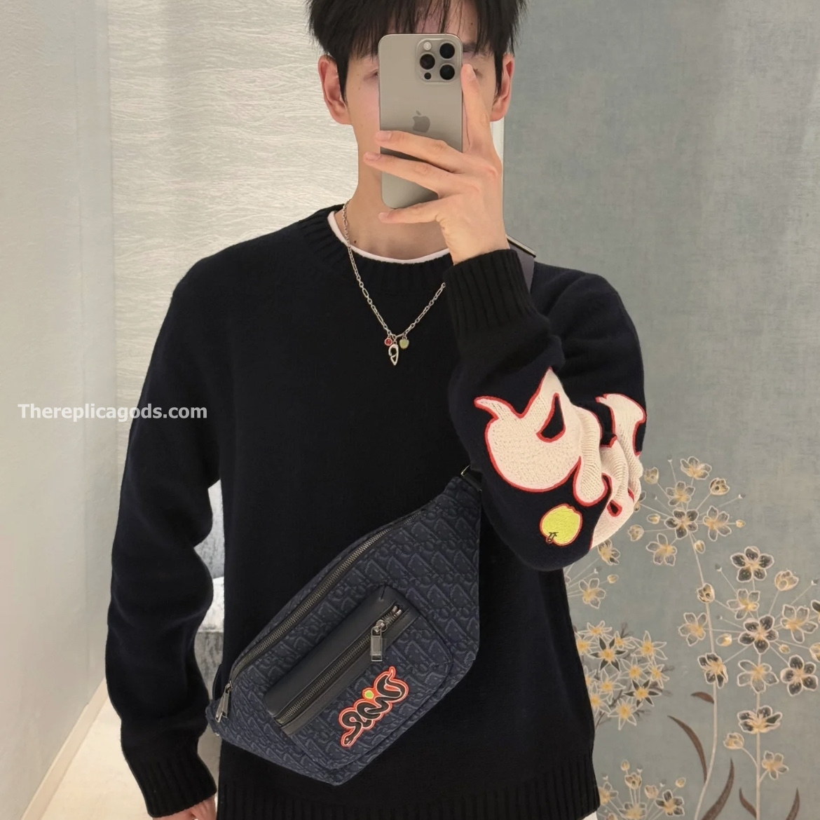 AND KAWS RIDER 2.0 BELT BAG NAVY BLUE OBLIQUE JACQUARD AND GRAINED CALFSKIN