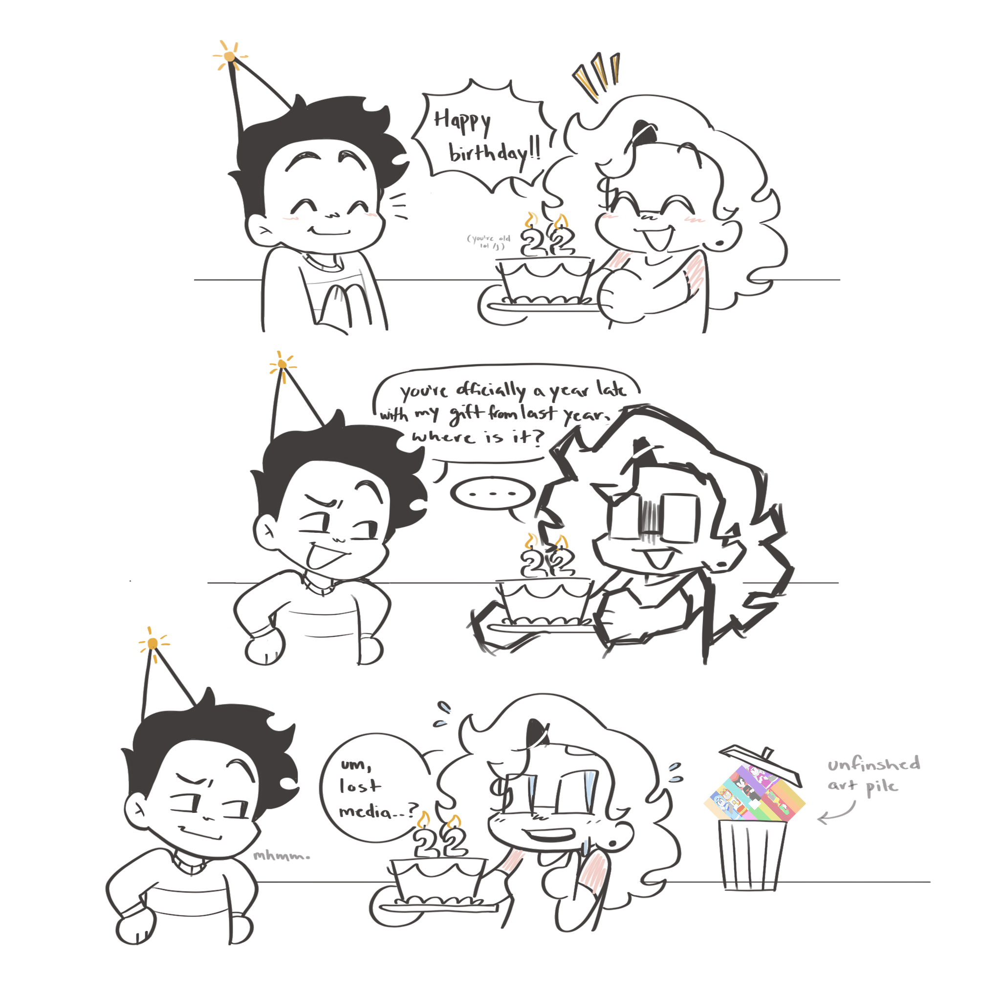 2025 Birthday Celebration. Pancho and Mayo celebrate Pancho's 22nd birthday by Mayo giving him a birthday cake. Mayo: Happy birthday!! (you're old lol) Pancho: You're officially a year late with my gift from last year, where is it? Mayo:... Mayo: um, lost media...? it's in a trash can in the background with the text 'unfinished art pile'