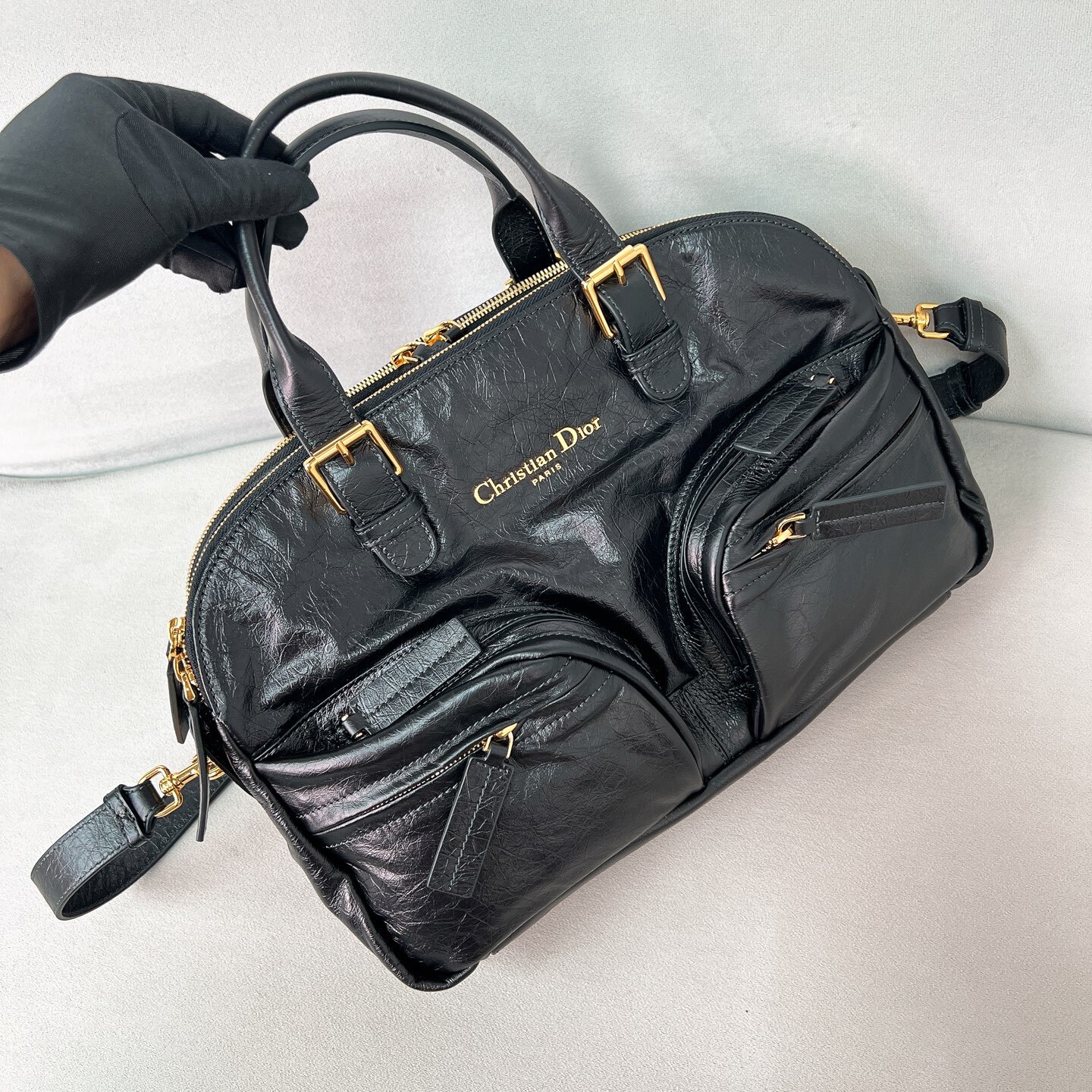 MEDIUM GRAND TOUR BOWLING BAG BLACK CRINKLED CALFSKIN