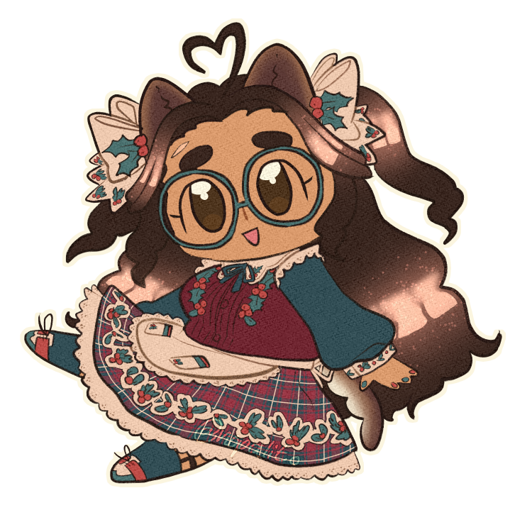 Chibi of a brown female-presenting person with dark and light brown dog ears, long dark brown hair in pigtails with light cream highlights and a tail of similar pigmentation. She is wearing two large cream bows with holly berry and leaf earrings. She is wearing an dark muted red and a dark muted blue-green dress shirt embroidered with holly berries and leaves, a white collar with a dark blue green bow, white lace sleeve additions, green and red nails, a green and plaid skirt with a cream apron and more patches of holly with a lace underskirt. She has dark green socks held up by garters with white, red and green shoes.