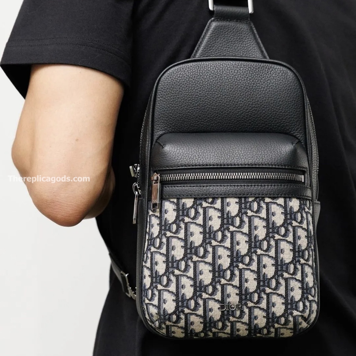 RIDER 2.0 SLING BAG BEIGE AND BLACK OBLIQUE JACQUARD WITH GRAINED CALFSKIN