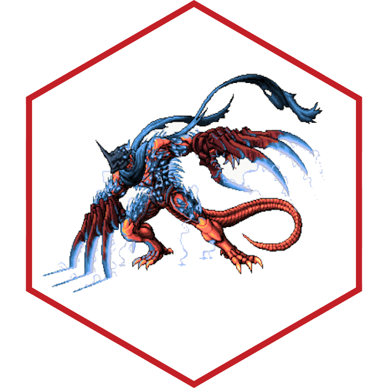A pixel style mech token made using the Retrogrades Minis website; its a bipedal mech, with burning red armor, a long tails, huge glowing claws, covered in spikes, wearing a scarf. The claws, spikes and scarf are shining with a blue glow