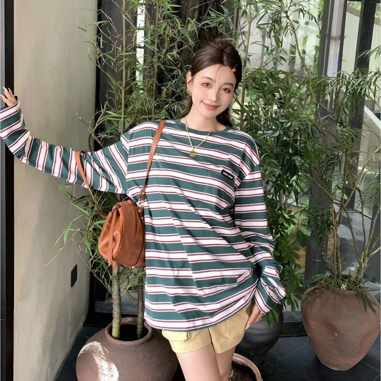 LONG-SLEEVED COTTON JERSEY T-SHIRT IN GREEN - SK592