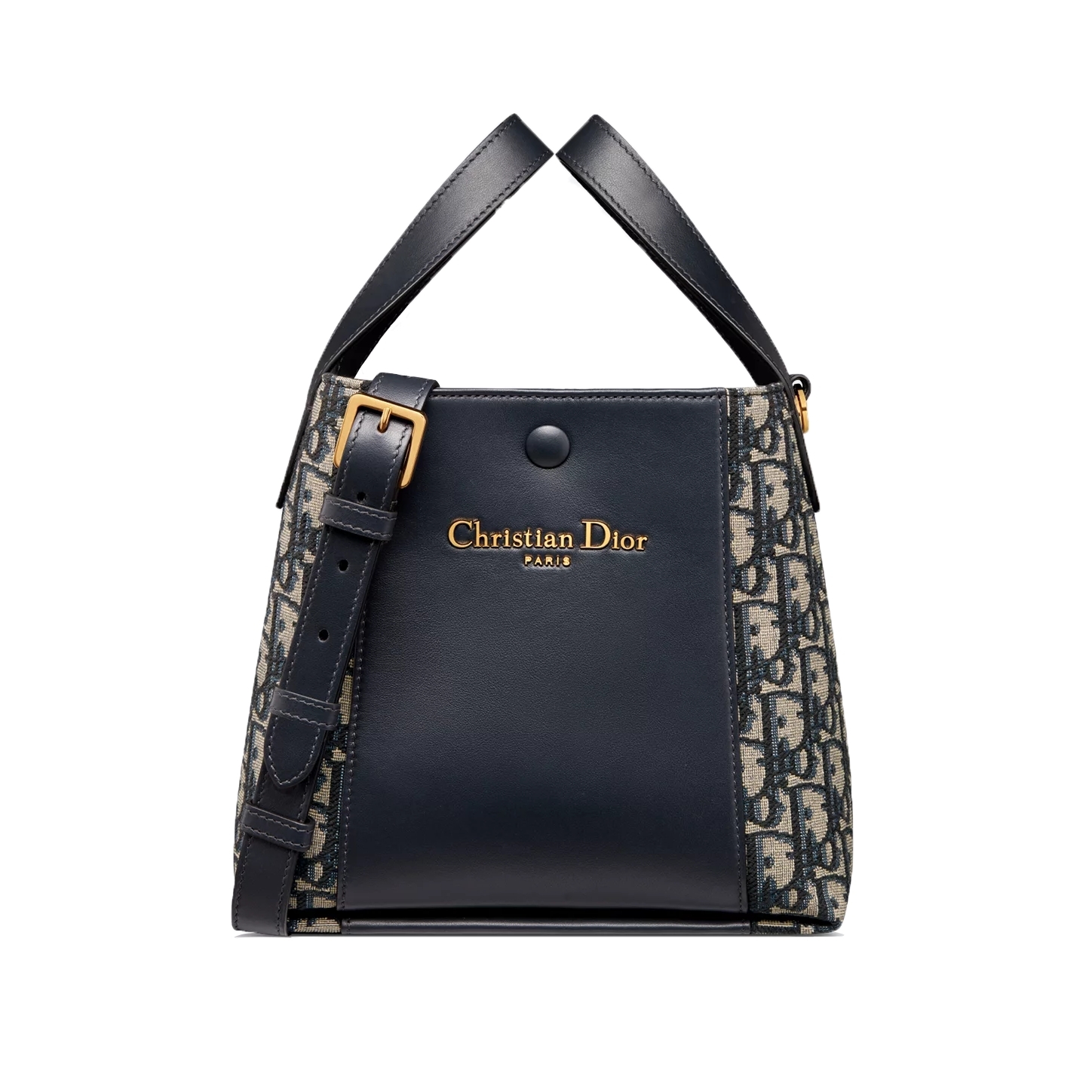 SMALL SIGNATURE BUCKET BAG BLUE OBLIQUE JACQUARD AND SMOOTH CALFSKIN