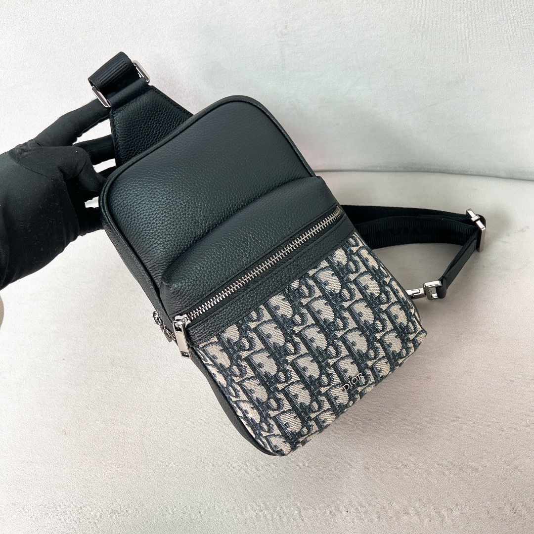 RIDER 2.0 SLING BAG BEIGE AND BLACK OBLIQUE JACQUARD WITH GRAINED CALFSKIN
