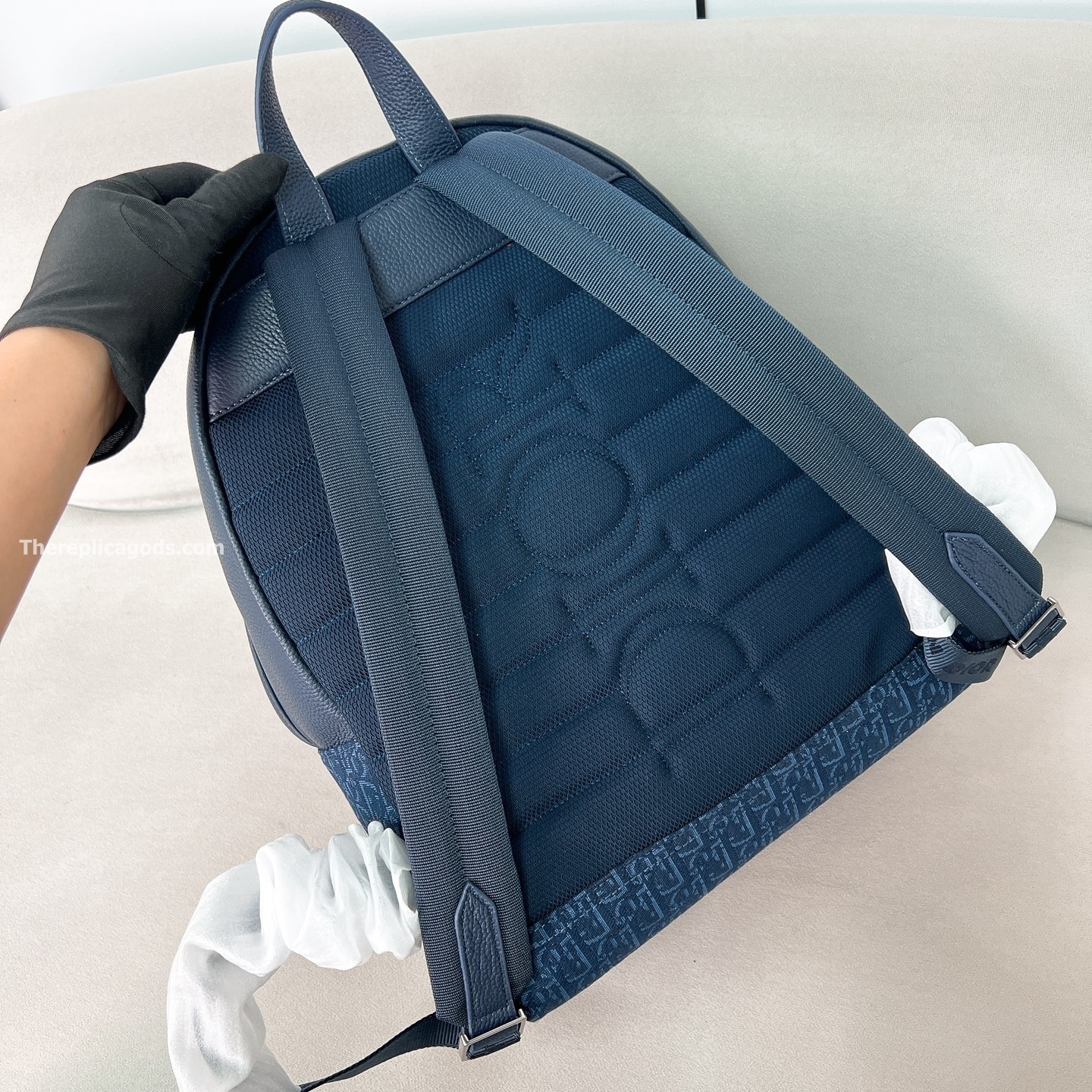 AND KAWS RIDER 2.0 ZIPPED BACKPACK NAVY BLUE GRAINED CALFSKIN AND OBLIQUE JACQUARD