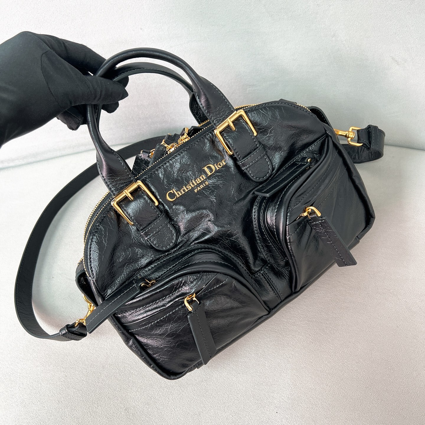 SMALL GRAND TOUR BOWLING BAG BLACK CRINKLED CALFSKIN