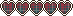 Five pixel art hearts in a row, with each heart filled with a dark red and forest green tartan pattern.