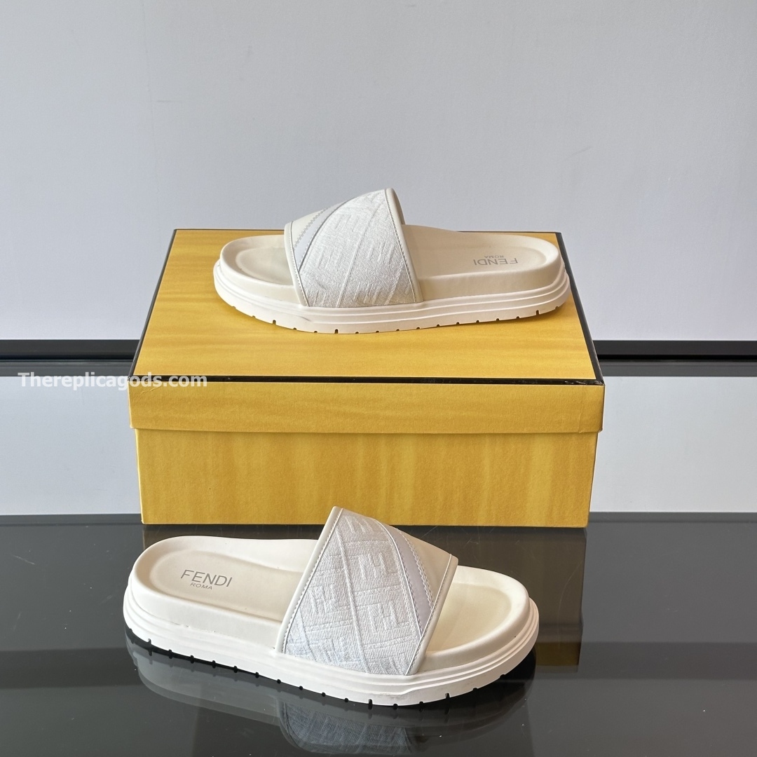 DIAGONAL SLIDES WHITE FF JACQUARD AND LEATHER SLIDES - FDS10