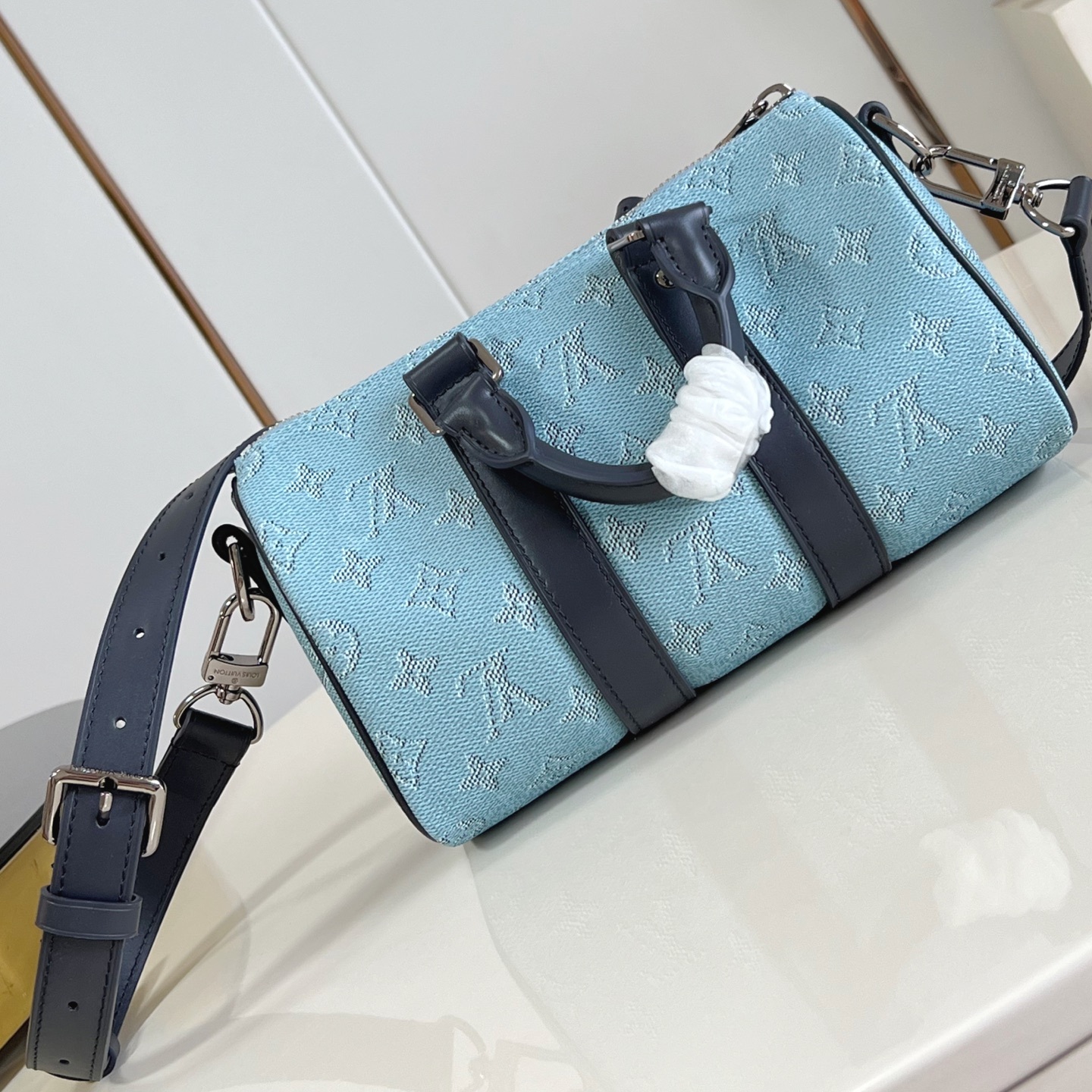 KEEPALL BANDOULIERE 25 BLUE MONOGRAM HERITAGE CANVAS M14681