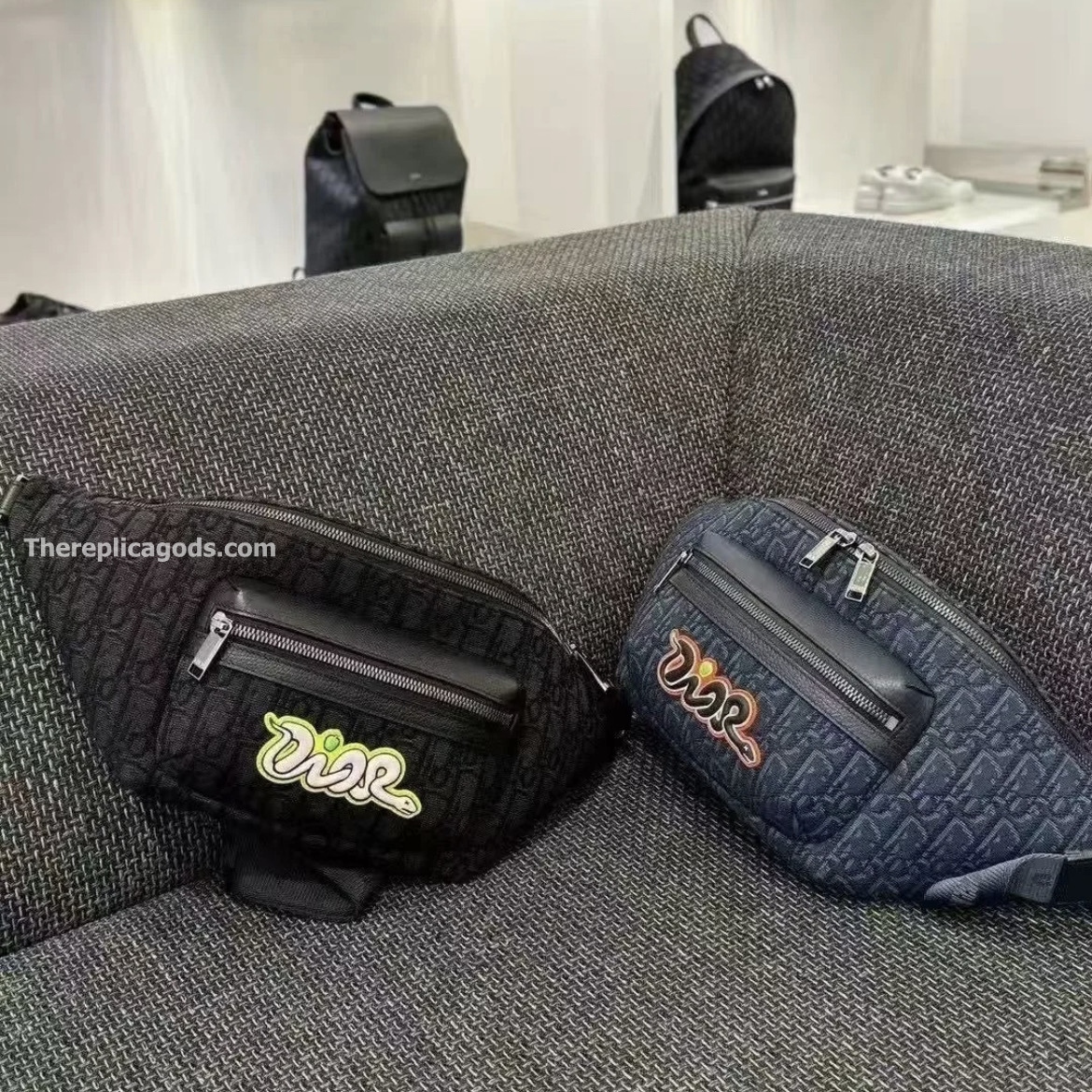 AND KAWS RIDER 2.0 BELT BAG NAVY BLUE OBLIQUE JACQUARD AND GRAINED CALFSKIN